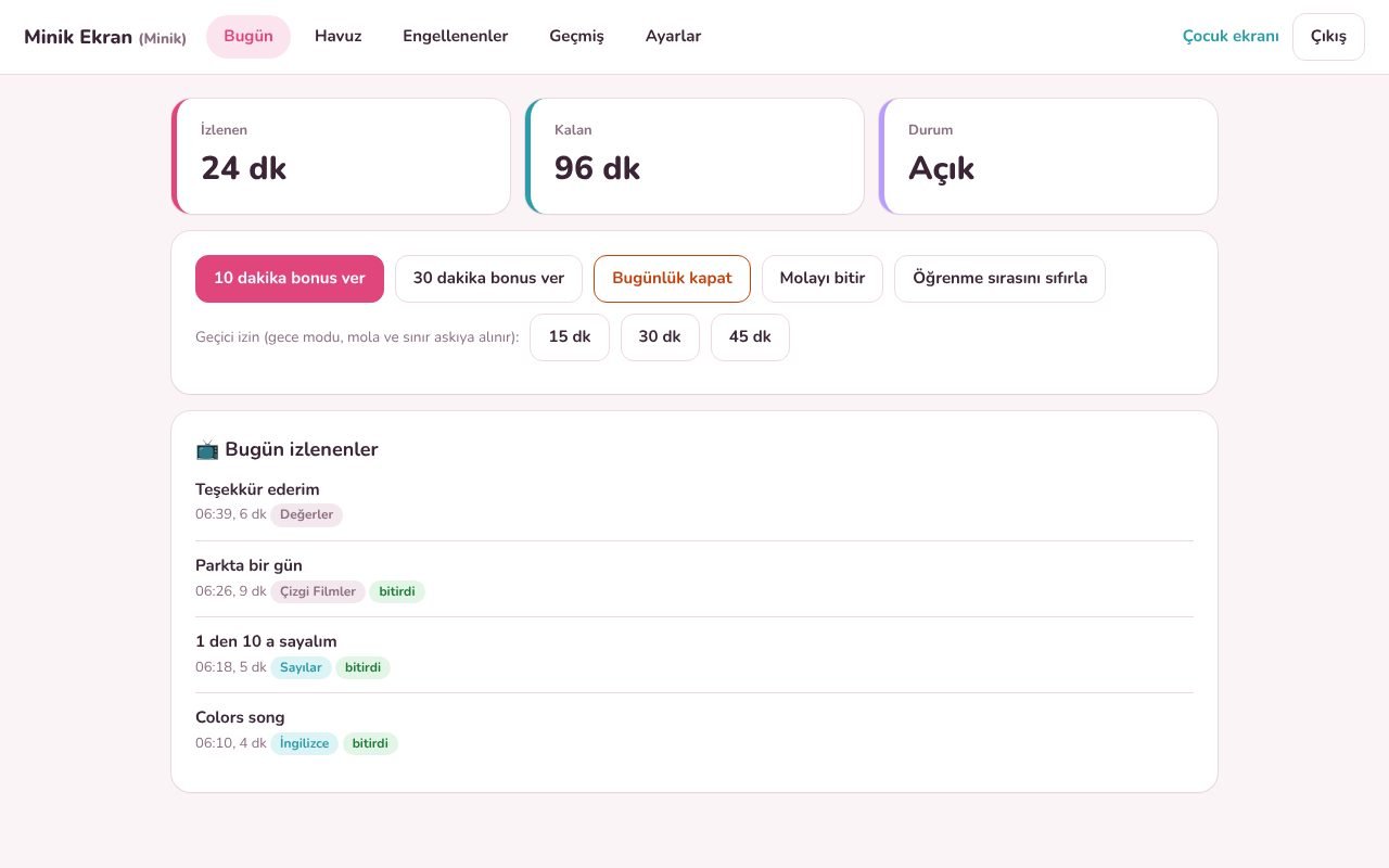Ebeveyn paneli, Bugün sekmesi: günlük süre, mola ve geçici izin ayarları
